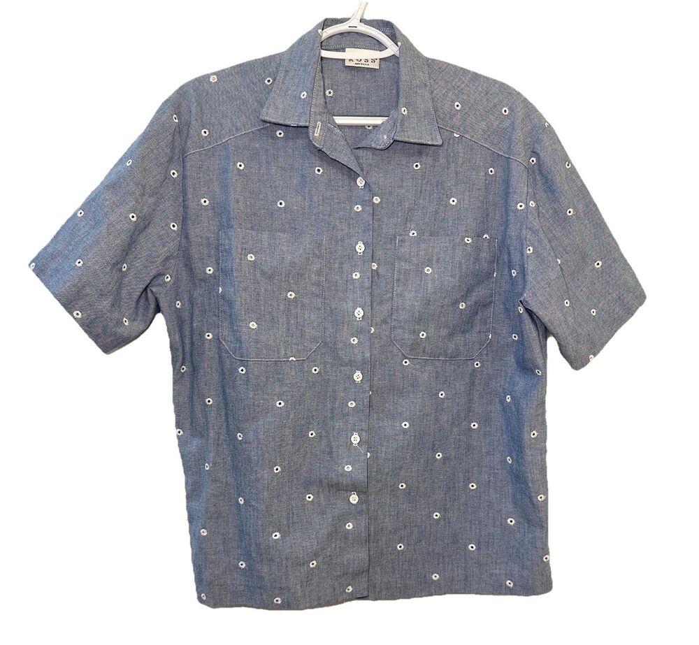 Vintage RUSS Chambray Shirt USA ILGWU Union Embroidered Dot M